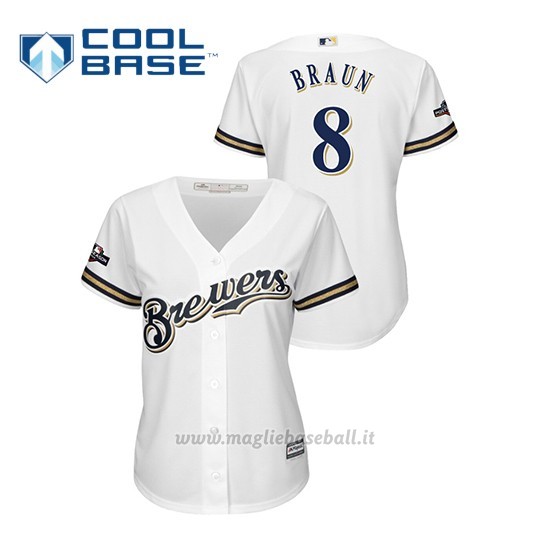 Maglia Baseball Donna Milwaukee Brewers 8 Ryan Braun 2019 Postseason Cool Base Bianco